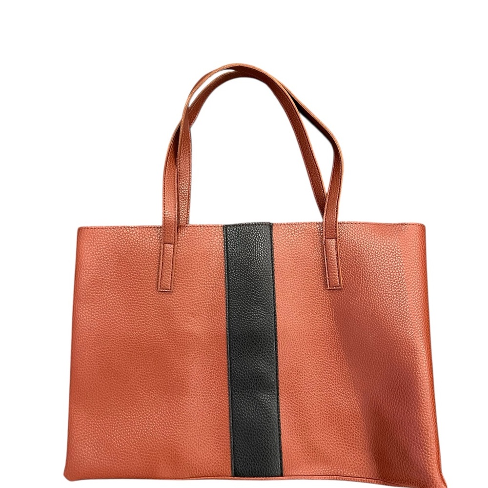 Vince Camuto Tote Vegan Leather Tan with Black Stripe NWOT
